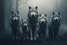 Wolfs In Fog. Dark Forest Background, AI Generative