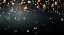 Gold Dark Christmas Star Background. Golden Christmas Bauble Ball Hanging From Above. Bokeh Luxury Glow Sparkle Glitter. Light Empty Copy Space 