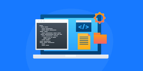 Wall Mural - software development, computer application programming and code on window, file storage, script abst