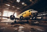 Fototapeta Sawanna - Large damaged vintage aircraft in maintenance hangar. Generative AI
