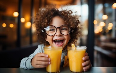 Funny child boy is drinking an orange juice