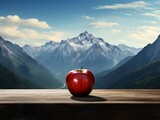 Fototapeta  - An apple is placed on a table in front of a mountain range generative ai