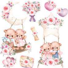 Watercolor Illustration Set Of Cute Couple Teddy Bear Swing On Star And Moon With Flower Wreath Elements