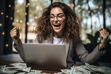 Happy young businesswoman celebrating achievement or online success while looking at laptop screen.