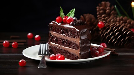 Wall Mural - Chocolate cake with with berries, strawberries and cherries. cake on a dark brown background. copy space