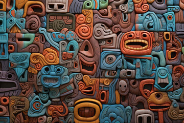 Rubberized material texture with surface patterns of abstract faces, rich colors
