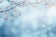 snowy winter branch and sunrise with bokeh snow background