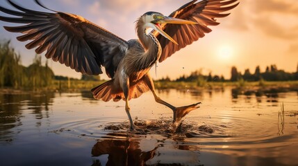 purple heron catching fish in the venice lagoon