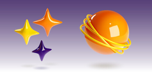 Wall Mural - 3D stars and planet isolated on background. Vector realistic illustration of glossy plastic ball with yellow rings, space object icons for vr game user interface design, cosmic adventure elements
