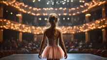 Ballerina Little Girl On Theater Stage, Beauty Of Classical Ballet.