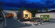 Entwurf eines energieeffizienten Einfamilienhauses in moderner Scheunenarchitektur mit Garten, Terrasse und Garage bei Nacht (Stadtlandschaft im Hintergrund) - 3D Visualisierung