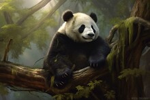A Panda Bear Peacefully Resting On A Tall Tree. Generative AI