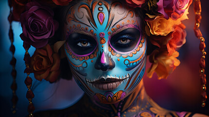 Wall Mural - Sugar Skull, Neon makeup for Halloween or Dia De Mertos holiday, copy space