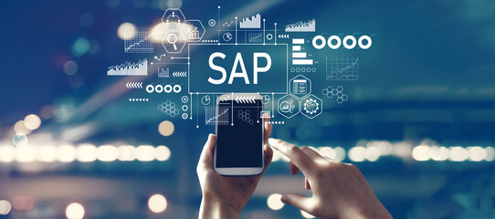 Wall Mural - sap - business process automation software theme with person using a smartphone