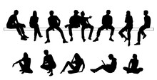 Vector Silhouettes Of Men, Women And Teenagers Sitting On A Bench, Different Poses, A Group Of Business People, Black Color On A White Background