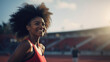 Purposeful motivated happy afro american runner woman athlete at stadium outdoors. Sports banner with copy space