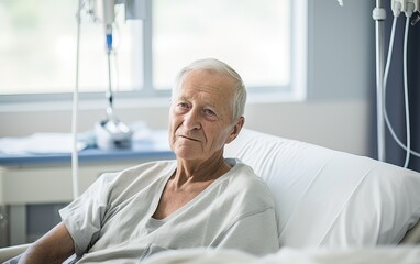 Thoughtful senior male patient in hospital bed in ward room