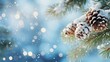 Fir tree branch covered with snow and pine cones. Winter background. Christmas greeting  card. Ai generative
