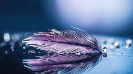 Poster - Drops of water on feather on mirror surface macro with beautiful blurred background,pink and violet wallpaper background about dew on the feather