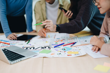 Wall Mural - Team of Creative Web, Graphic Designer planning for mobile phone, drawing website ux ui app for mobile phone application and development template layout, process to developing prototype wireframe.