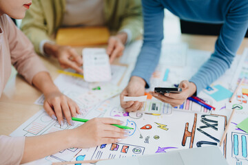 Wall Mural - Team of Creative Web, Graphic Designer planning for mobile phone, drawing website ux ui app for mobile phone application and development template layout, process to developing prototype wireframe.