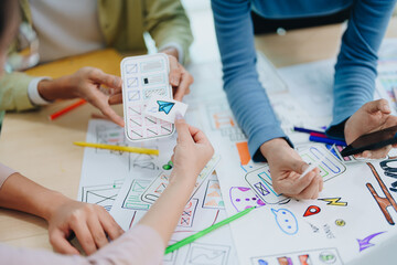 Wall Mural - Team of Creative Web, Graphic Designer planning for mobile phone, drawing website ux ui app for mobile phone application and development template layout, process to developing prototype wireframe.