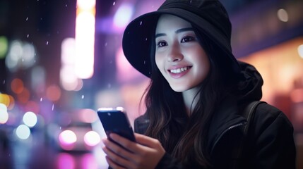 Young Asian woman using mobile phone and walking through night city street.