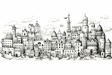  Hand-drawn panorama of a city on a white background. Generative AI