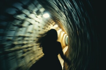 Poster - Woman running terrified through a tunnel, seen from behind, feeling of fear and danger.