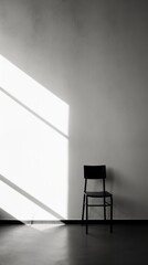 Poster - Empty room with chair and window with sunlight. Black and white photo.