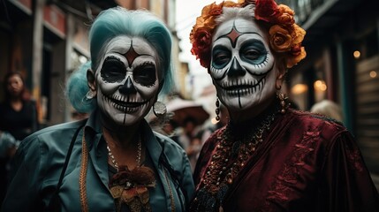 Festive make-up of a Mexican woman. Day of the Dead, Halloween. Concept of Katrina