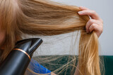 Fototapeta  - Suszyć w długie włosy suszarką elektryczną, widok z bliska