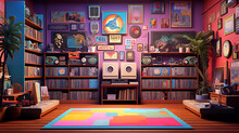 A Nostalgic Lofi-style Record Store Interior With Shelves Of Vintage Vinyl Records, A Listening Station With Headphones, And Colorful Album Covers, Celebrating The Joy Of Music Discovery