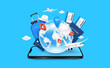 Passport air ticket, credit card and luggage bag with world map on smartphone. Globe in front airplane is taking off. For media tourism ads design. Travel transport concept. 3D Vector EPS10.