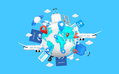 Wall Mural - Airplane is taking off globe world map. Luggage bag, air ticket, passport and deck chair umbrella floating around with location pin. For media tourism ads design. Holiday travel concept. 3D Vector.