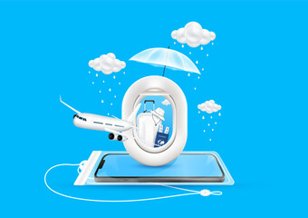 Wall Mural - Travel rainy season. Monsoon cloud with water droplets falling. Airplane is taking off. Ticket, passports and luggage bag in airplane window with umbrella on smartphone in waterproof pouch. 3D Vector.