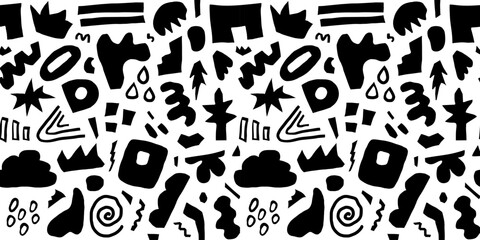 Wall Mural - abstract black seamless pattern hand drawn various shapes, curls, forms and doodle objects. modern v