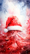 © art4all - Christmas background with Santa Claus hat. Watercolor painting. Christmas and New Year concept.