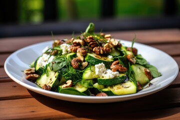 Wall Mural - Salad with Broccoli, Thin Zucchini Slices, Roasted Cashews, and Feta Cheese, a Culinary Creation Combining Fresh Greens and Mediterranean Flavors