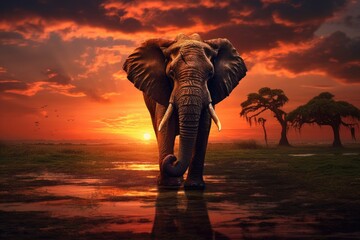 Sticker - African elephant at sunset, Amboseli National Park, Kenya, Africa, elephant and sunset, AI Generated