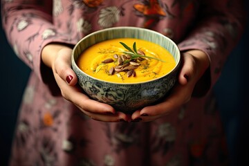 Poster - Bowl of pumpkin soup in woman's hands, close-up, Female hands holding a bowl of pumpkin soup close up view, AI Generated