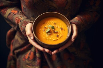 Poster - Pumpkin soup in woman's hands on a dark background, Female hands holding a bowl of pumpkin soup close up view, AI Generated