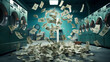 © PSCL RDL - Flying money banknotes in a laundromat with washing machines, money laundering. Generative AI