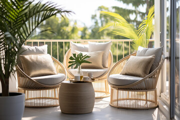 Modern balcony with tropical leaves. Classic interior design light golden colors