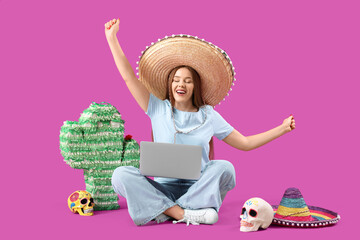 Poster - Young woman in sombrero hat with laptop and Mexican symbols on purple background