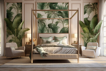 Modern bedroom with bed and tropical leaves. Classic interior design light pink and golden colors