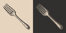 Set Of Vintage Forks Steel Metal. Can Be Used For Restaurant Food Menu Emblem Logo. Graphic Art. Vector. Hand Drawn Element In Engraving