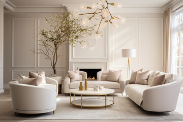 Modern living room with sofa and lamp. Classic interior design light pink and golden colors