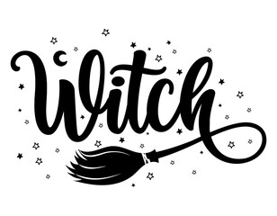 Wall Mural - Witch - Halloween quote on white background with broom. Good for t-shirt, mug, home decor, gift, printing press. Holiday quote. Happy Halloween, trick or treat!