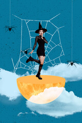 Poster - Frightening atmosphere young woman black wizard witch costume magician half moon spider web mystery halloween isolated on blue background